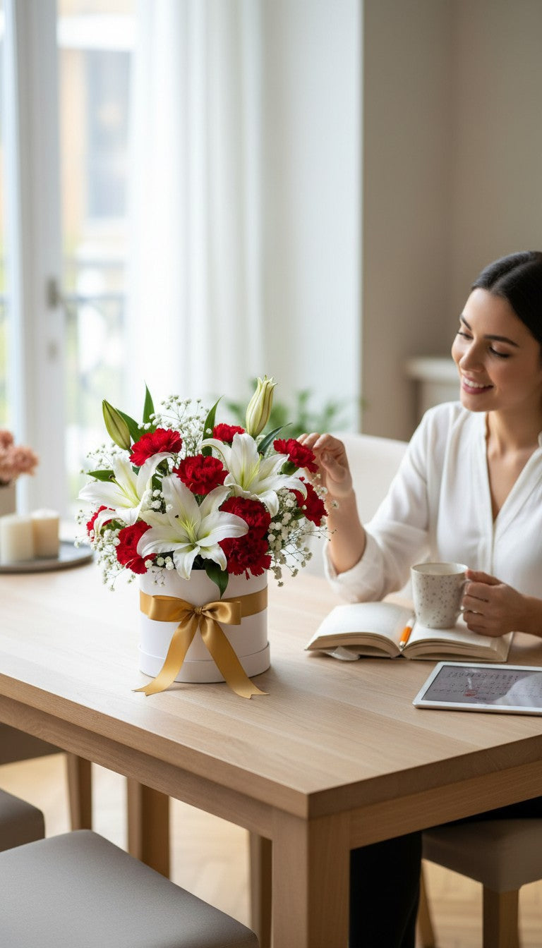 Eternal Elegance – White Lilies & Red Carnation Box Arrangement