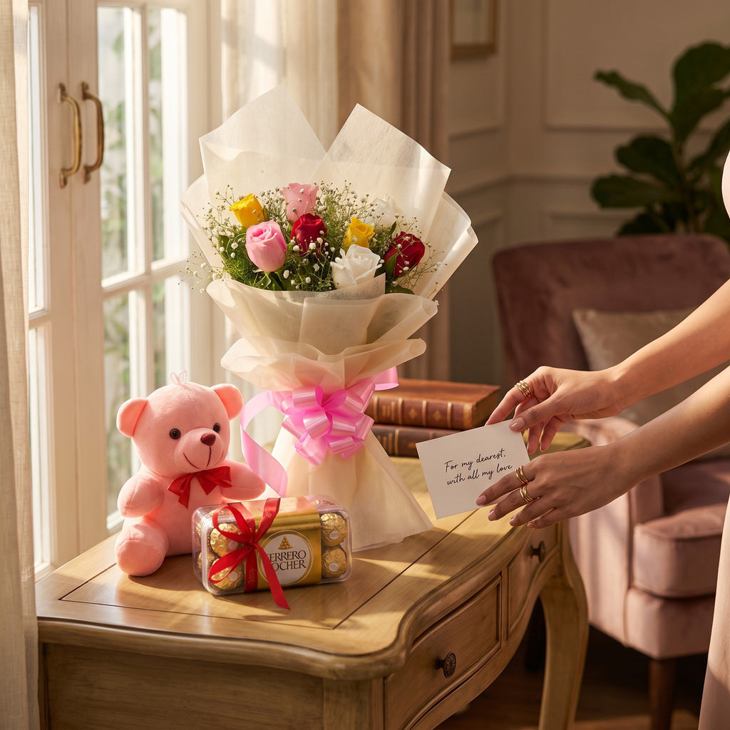 Sweet Cuddles - 8 Mixed Roses, Chocolates & Teddy