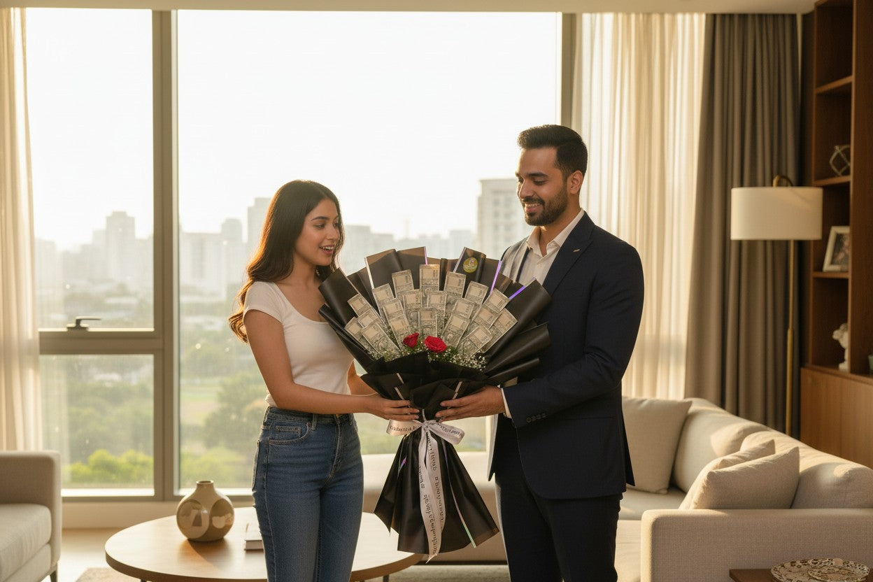 Money Bouquet with Roses - ₹500 Notes