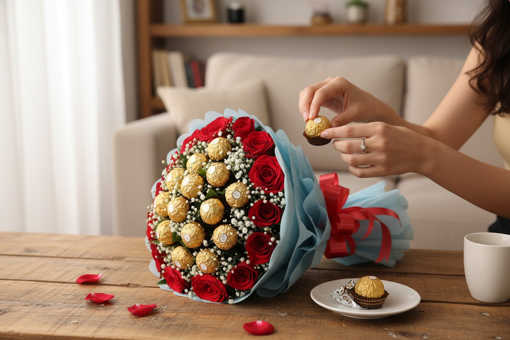 Golden Romance - 16 Red Roses with 16 Ferrero Rocher