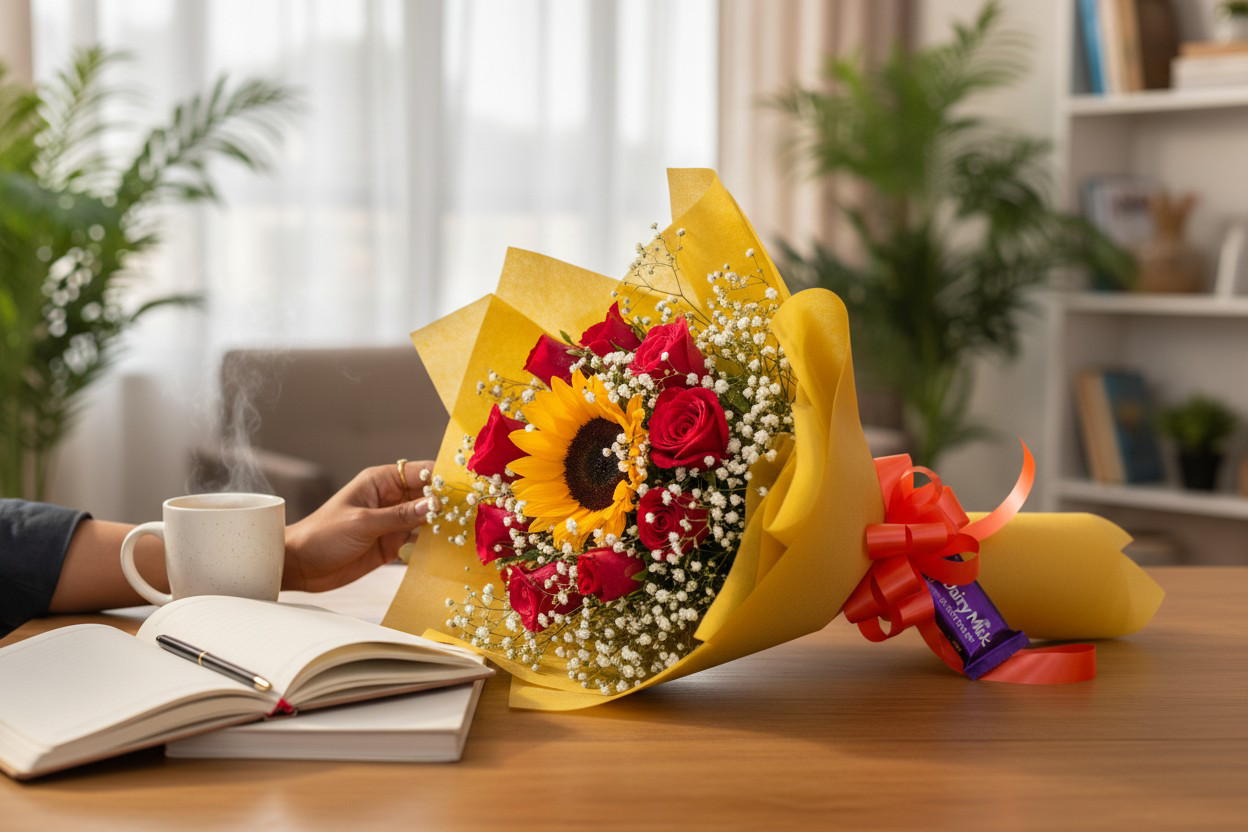 Golden Love Bouquet – Sunflower & 10 Red Roses
