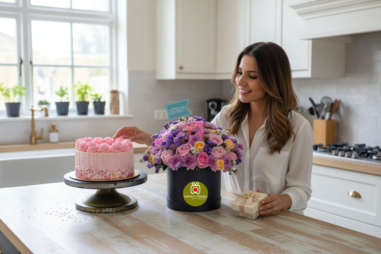 Blooms & Bites – Chocolate Cake & Flower Box Combo