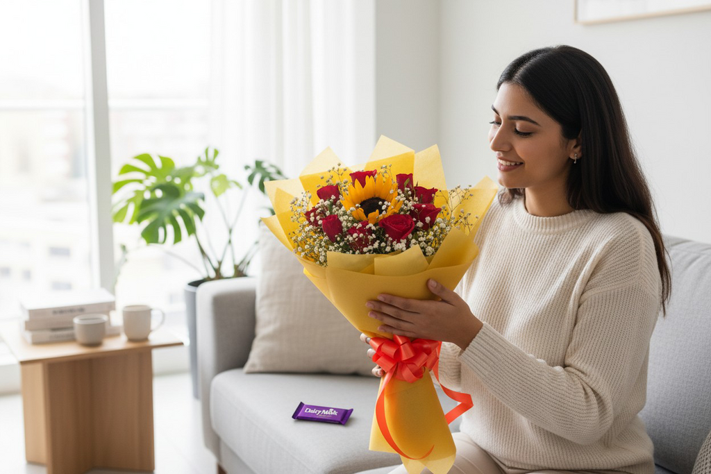 Golden Love Bouquet – Sunflower & 10 Red Roses