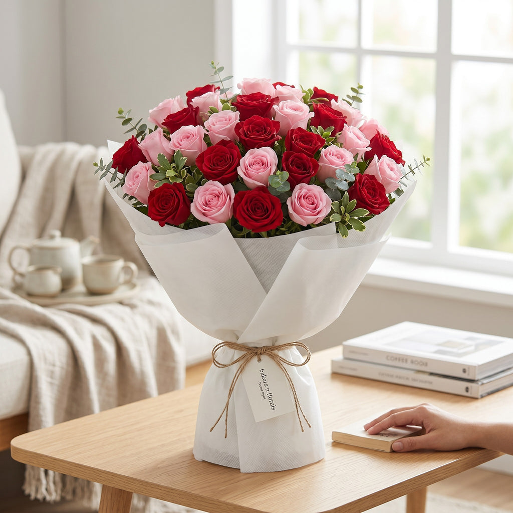 Delightful Red and Pink Roses Bouquet