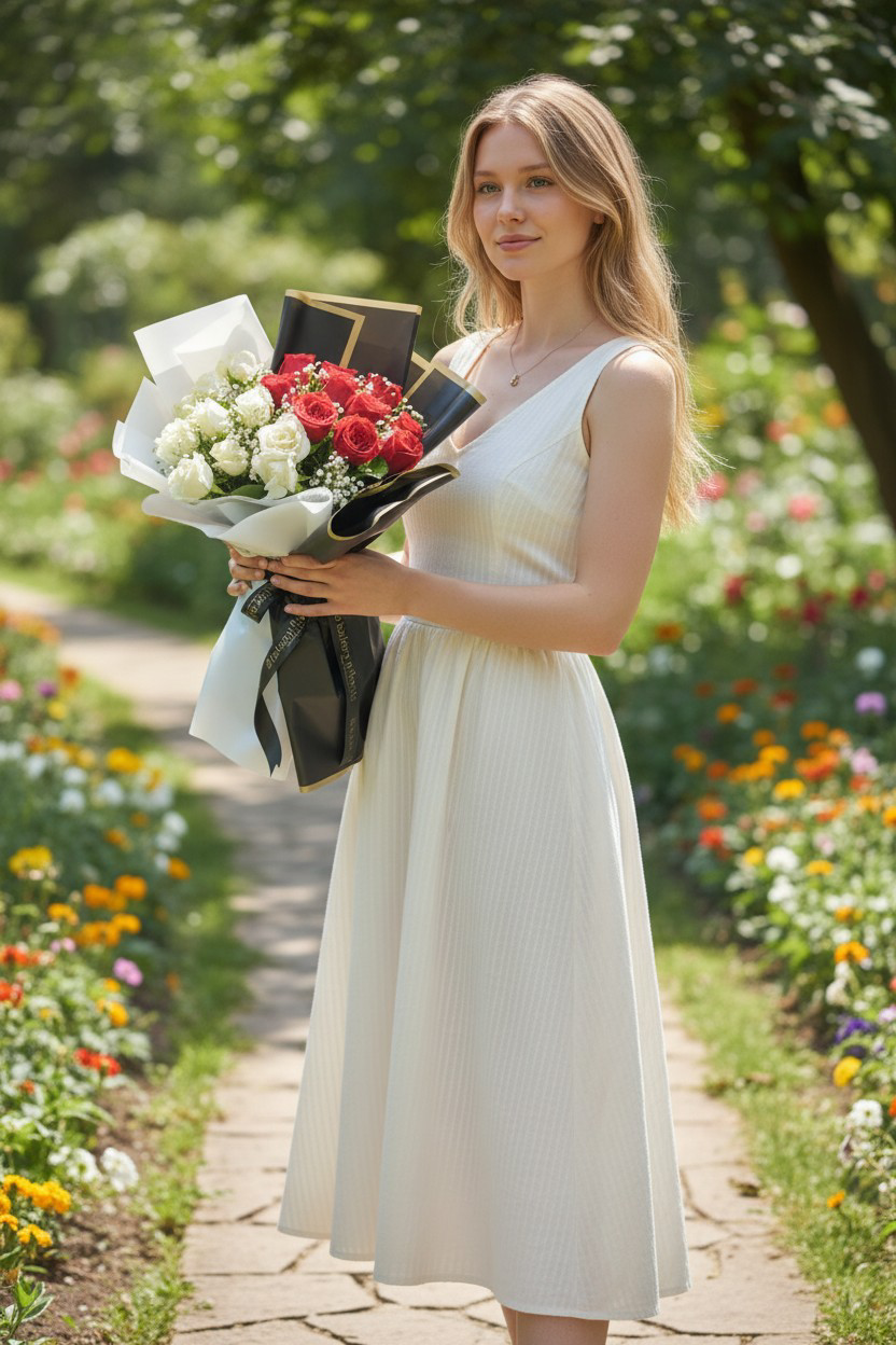 Romantic Red and White Roses Bouquet