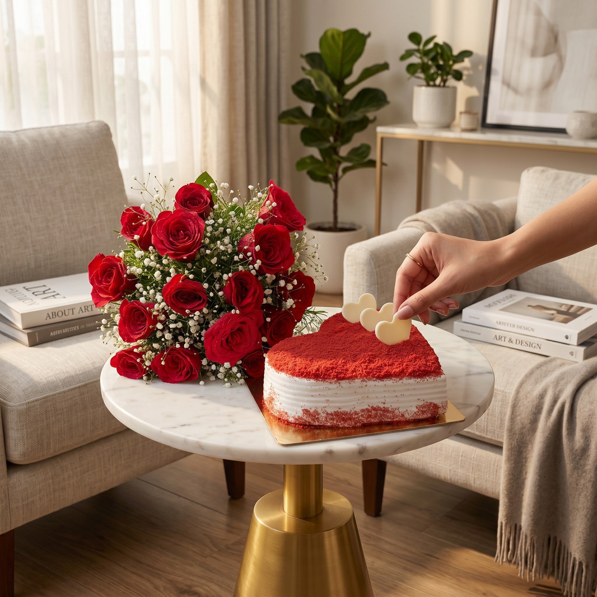 Velvet & Roses - 10 Red Rose with Red Velvet Heart Shape Cake