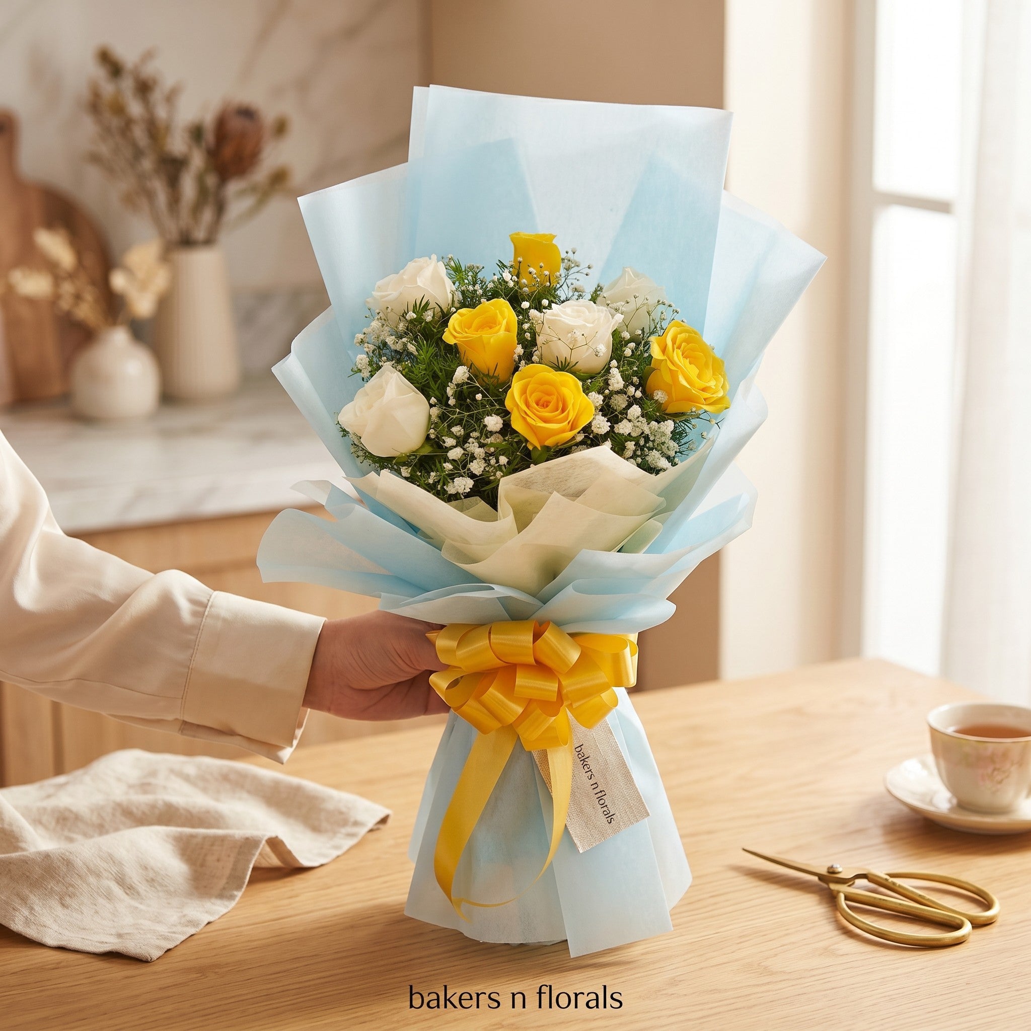 Joy & Purity - Yellow & white Roses Bouquet