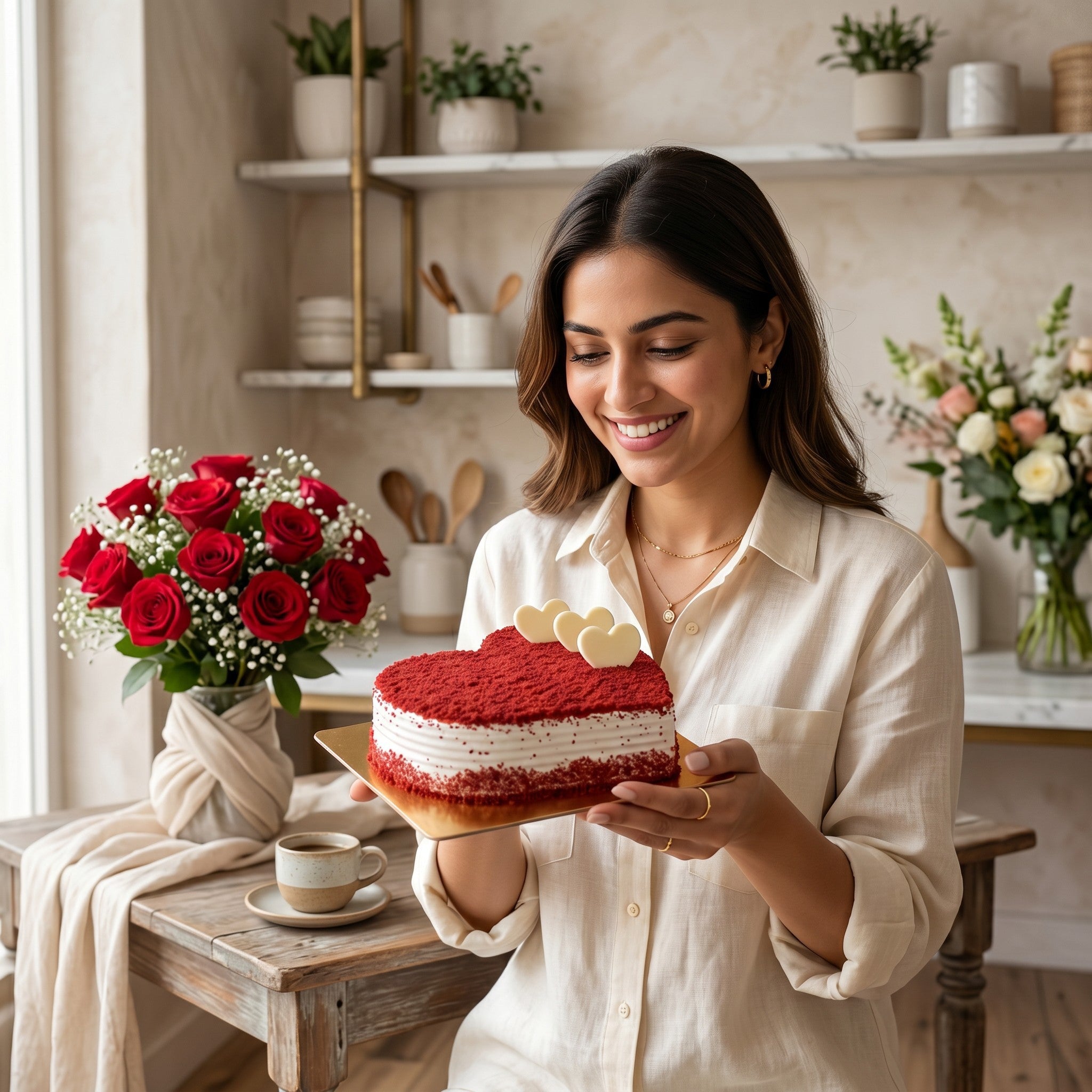 Velvet & Roses - 10 Red Rose with Red Velvet Heart Shape Cake
