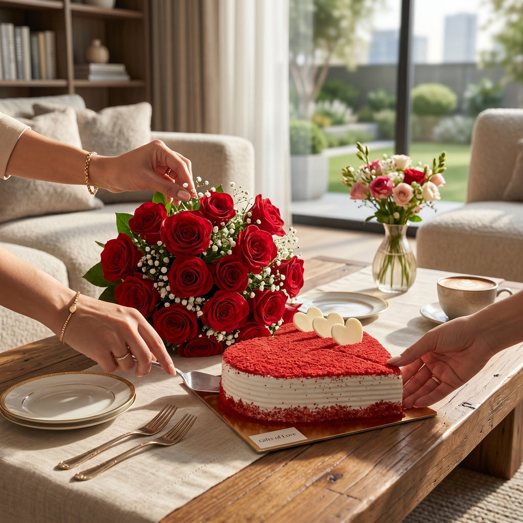 Velvet & Roses - 10 Red Rose with Red Velvet Heart Shape Cake