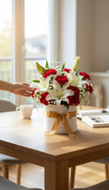 Eternal Elegance – White Lilies & Red Carnation Box Arrangement