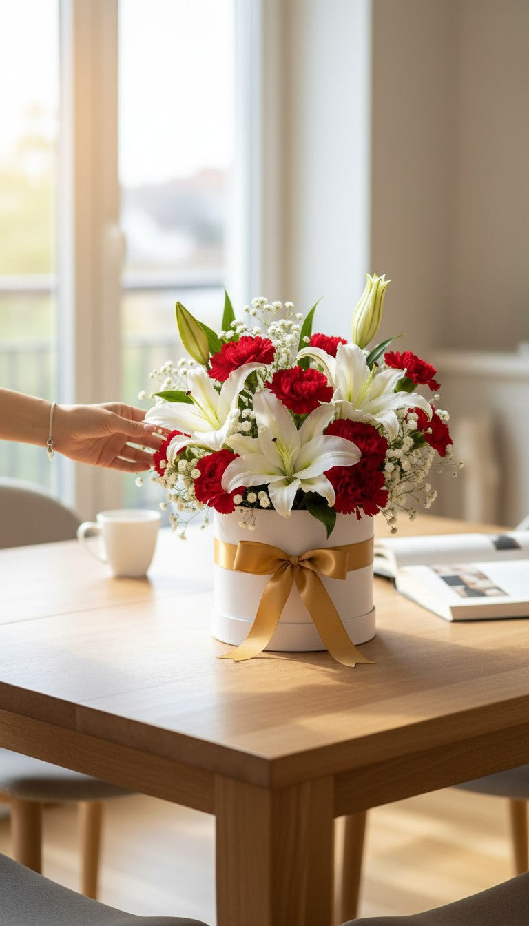 Eternal Elegance – White Lilies & Red Carnation Box Arrangement