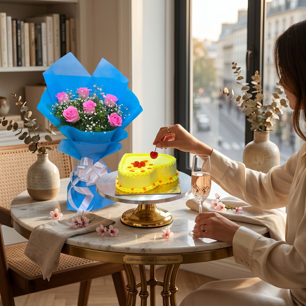 Blushing & Blissful — 6 Pink Roses & Butterscotch Heart Cake (500g)