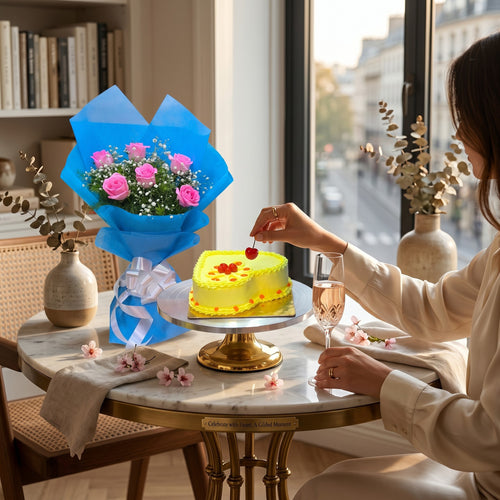 Blushing & Blissful — 6 Pink Roses & Butterscotch Heart Cake (500g)