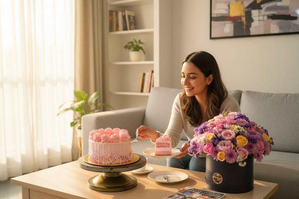 Blooms & Bites – Chocolate Cake & Flower Box Combo